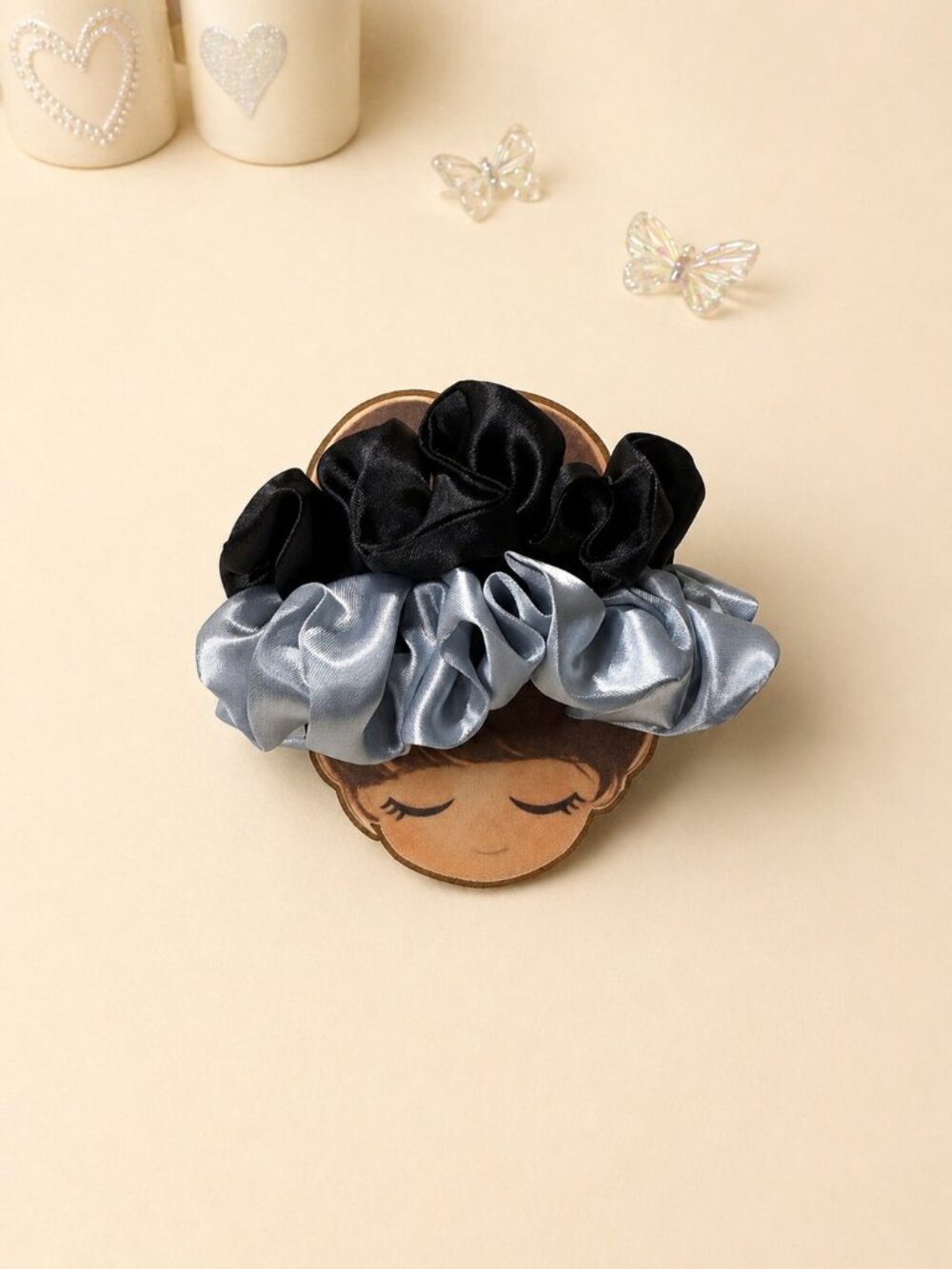 Handmade Satin Scrunchie Set – 2‑Piece Duo (Black + Silver/Blue)